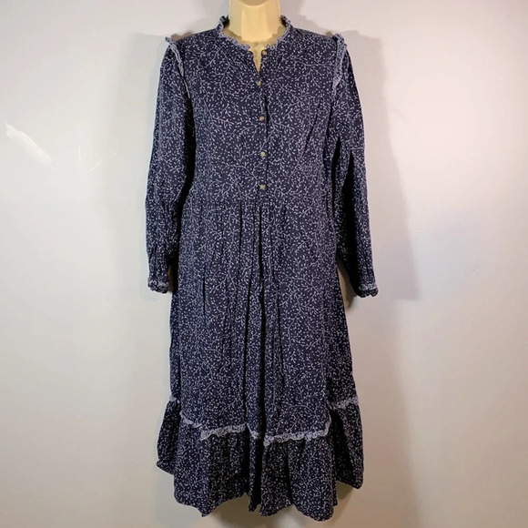 Universal thread size s prairie long dress dark blue mini leaves tiered modest - Picture 1 of 9